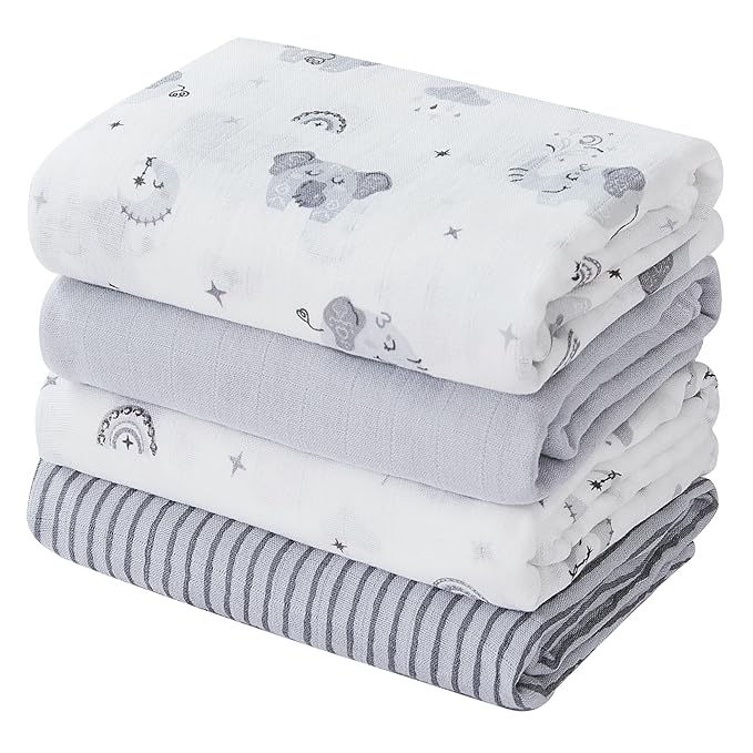 Softan Swaddle Blankets for Baby Girls & Boys Gift, Large 47X47 inches Receiving Blankets for Newborn,4 Pack Gray Elephant
