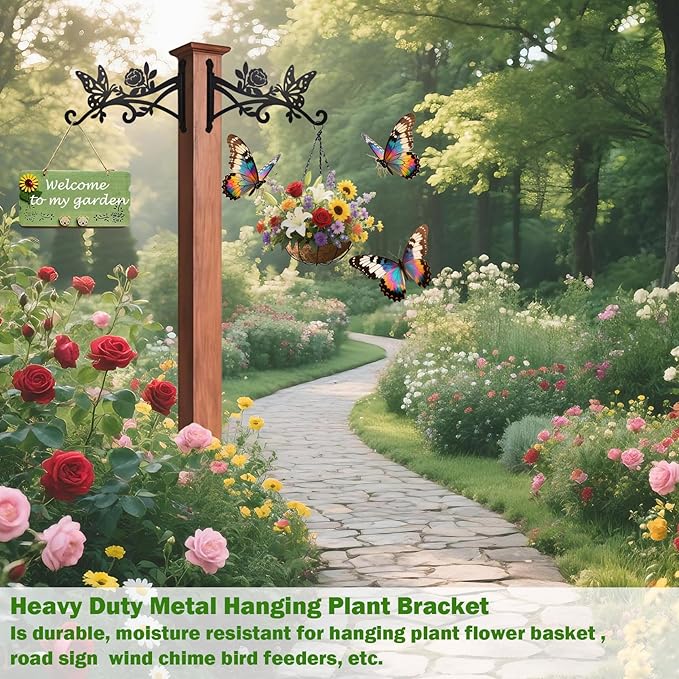 4 Pack Plant Hanger Hook,12in Heavy Duty Hanging Basket Hooks, Metal Plant Wall Hanger with Butterfly Pattern,Plant Bracket for Outdoor or Indoor Hanging Plants,Bird Feeder,Lantern,Home Decor