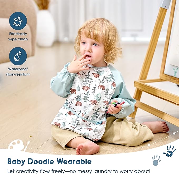 GRSSDER 2 Pack Long Sleeve Baby Feeding Bibs, Super Soft Lightweight Waterproof Coverall Baby Led Weaning Bib with Large Food Catcher Pocket, Adjustable and Easy Clean for 6-30 Months