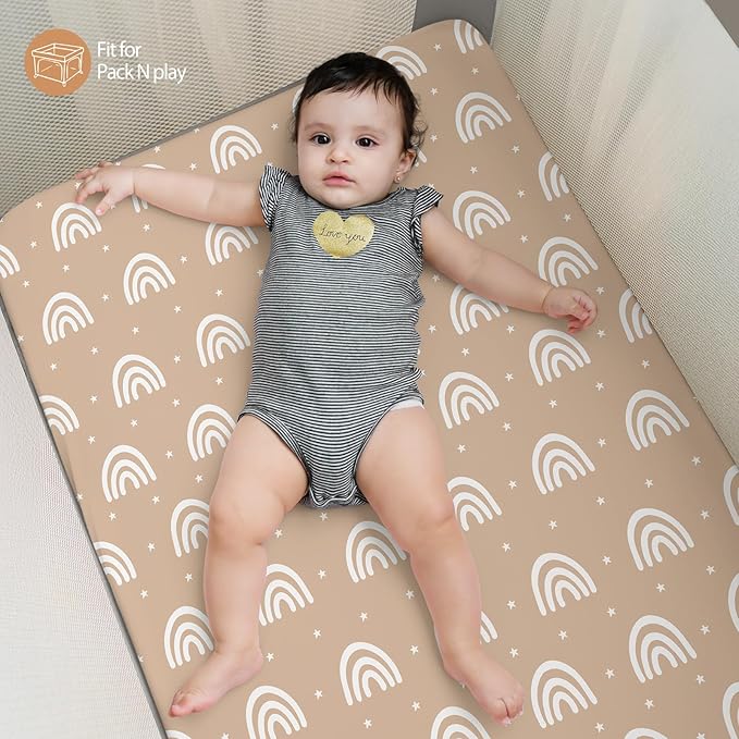 Baby Mini Crib Sheets Boy, Portable 38”x26” Pack and Play Sheets Fitted for Playard and Pack N Play Mattress, 3-Pack Soft Microfiber Orange Sun Rainbow