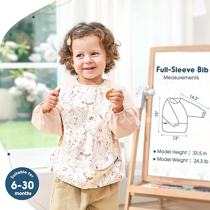 GRSSDER 2 Pack Long Sleeve Baby Feeding Bibs, Super Soft Lightweight Waterproof Coverall Baby Led Weaning Bib with Large Food Catcher Pocket, Adjustable and Easy Clean for 6-30 Months