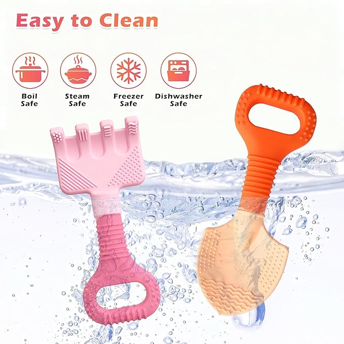 Gardening Tool Baby Teething Toys - Shovel & Rake Silicone Teethers for Babies 3-12 Months, Freezer-Safe Chew Toys for Teething Relief & Sensory Development, Ideal Stocking Stuffers & Christmas Gifts