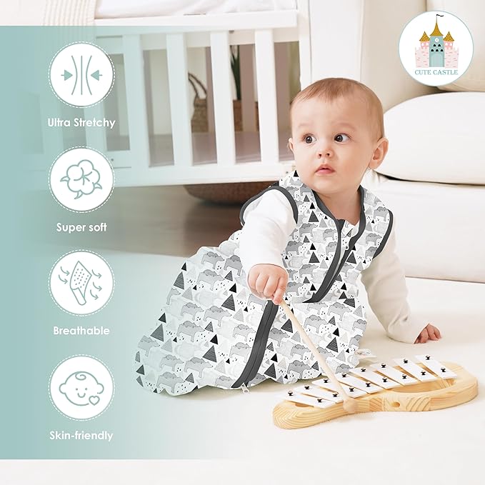Cute Castle Baby Sleep Sack 0-6 Months - Lightweight 100% Cotton 2-Way Zipper TOG 0.5 Infant Wearable Blanket, Newborn Essentials Toddler Sleep Clothes, 3 Pack(Dark gray, Light gray, Bear)