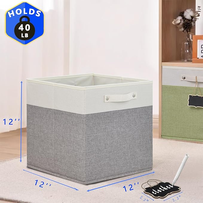 12x12 storage cube bins 4 Pack,Collapsible Fabric Storage Cubes with Labels,Linen Cube Storage Organizer Bins with Cotton Handles,Square Storage Cubes for Home,Office,Clothes,Cabinet (White Grey).