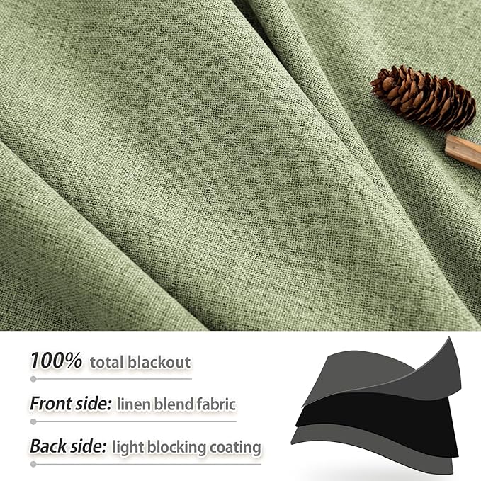 Sage Green 100% Truly Blackout Curtains, Rod Pocket Super Heavy-Duty Gray Lined Total Darkness Drapes for Hall, Privacy Window Treatment Curtains for Patio (2 PCs, 52-inch W x 108-inch L)