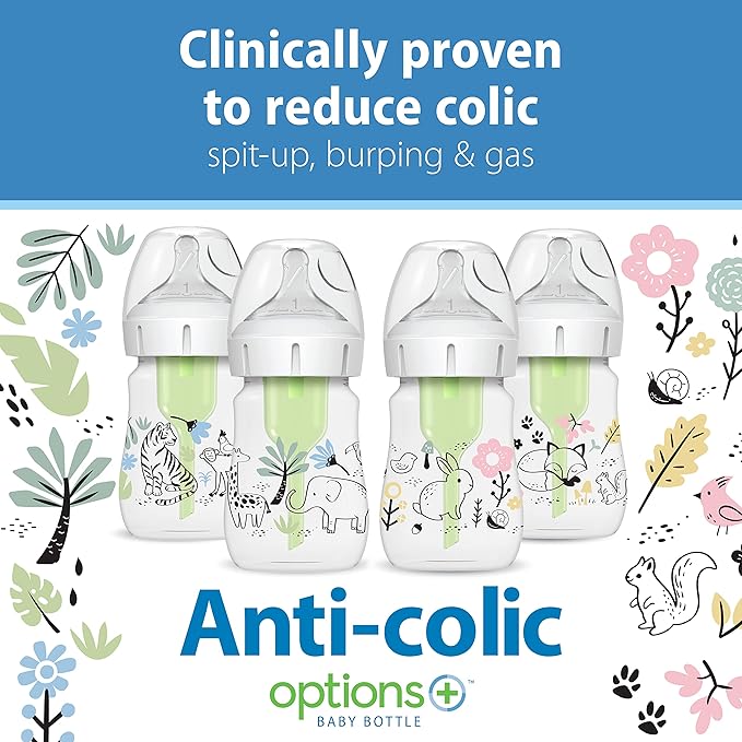 Dr. Brown's Anti-Colic Options + Wide-Neck Baby Bottle Designer Edition, Woodland + Jungle, 5 oz/150 mL, Level 1 Slow Flow Nipple, 0m+, 4-Pack