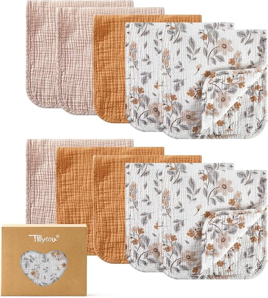 TILLYOU Muslin Burp Cloths Baby Boy Girl 20" x 10", 6-Layer Absorbent 100% Cotton Burping Cloths Large Soft, 10 Pack(Yellow Flower)