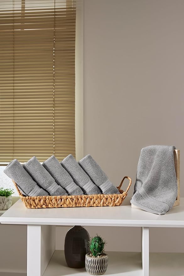 Ozdilek 6-Piece Washcloth Set 13x13 100% Turkish Cotton, 600 GSM, Soft, Gentle on Sensitive Skin, Multi-Purpose Use, Washable, Reusable, Ideal for Baby Care & Spa 6 Towels (Light Grey)