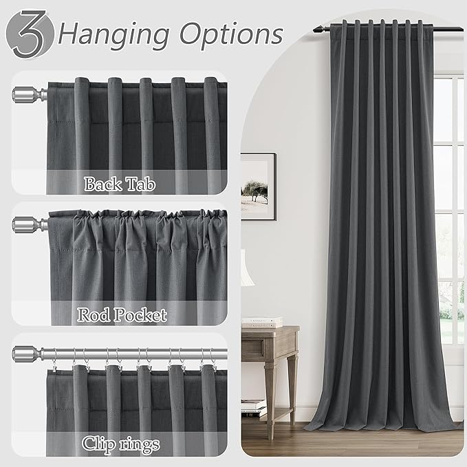 Guken 100% Blackout Curtains 120 Inch Length 2 Panels Set for Living Room Bedroom Back Tab Thermal Insulated Black Out Linen Drapes Room Darkening Blazer Grey,52x120