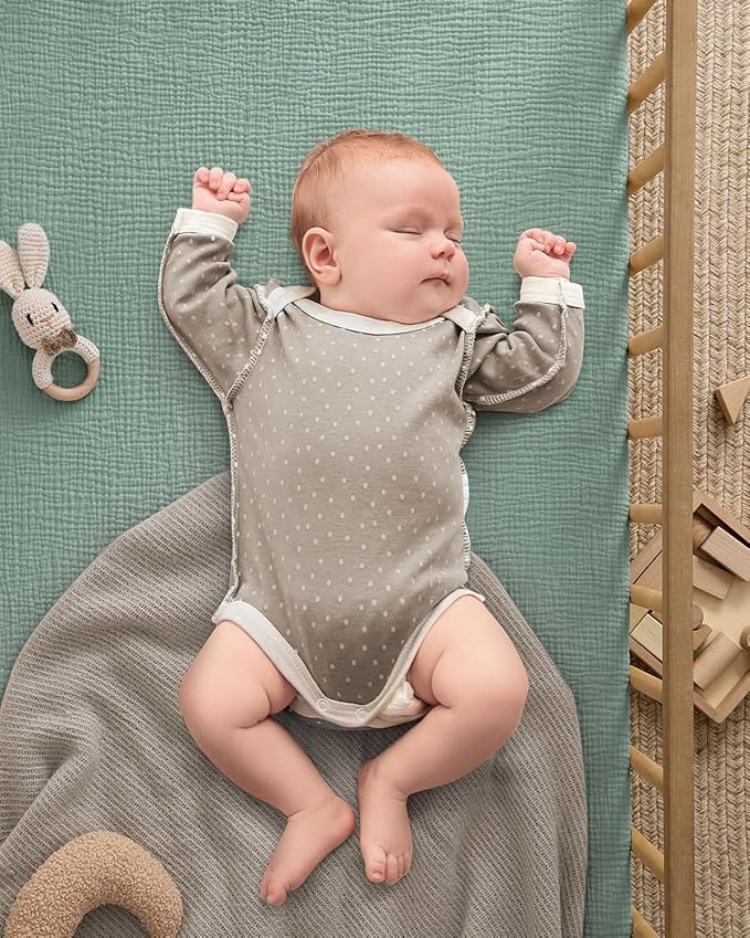 Blissful Diary Muslin Crib Sheets for Girl Boy, Boho Neutral Soft Cotton Baby Sheet for 52''x28'' Standard Crib Mattress, 2 Pack(Sage Checkboard & Sage Green)