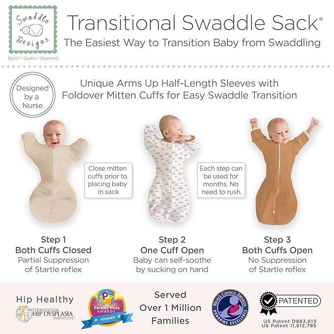 SwaddleDesigns Transitional Swaddle Sack, Arms Up Half-Length Sleeves & Mitten Cuffs, Swaddle for Newborn Transition to Baby Sleep Sack Wearable Blanket, Small, 0-3 mo, 6-14 lb, Watercolor Sunny Days