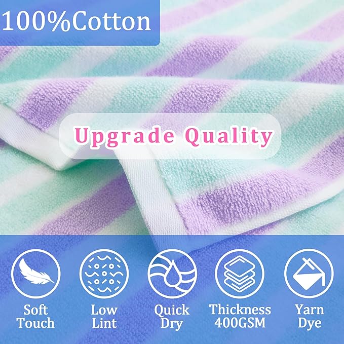 VOOVA & MOVAS Kids Hooded Bath Towels(3-10Years),Absorbent Quick Dry Lightweight Hooded Cotton Towel for Pool | Swim | Beach | Bath, Boys Wrap Towel with Hood, Aqua Purple Stripe