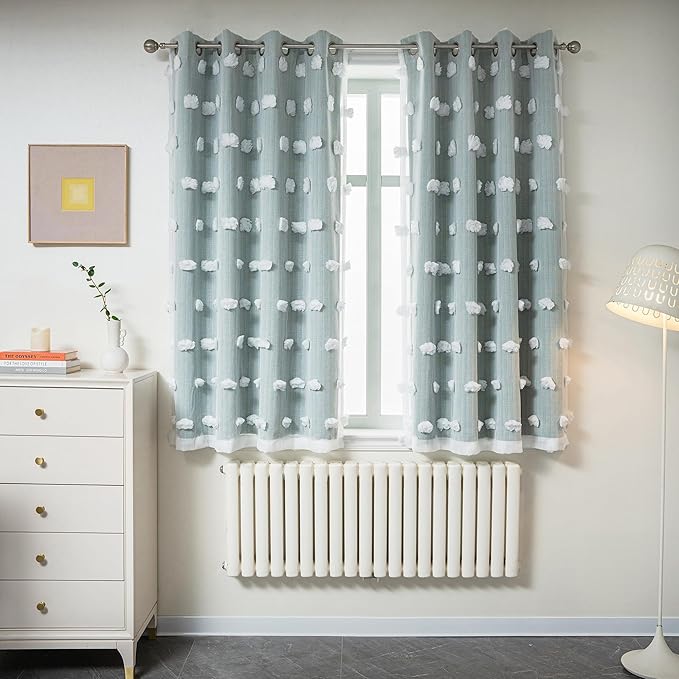 MYSKY HOME Aqua Curtains for Bedroom 54 Inch Long Double Layer Curtains for Kids Room Kithen White Pom Pom Sheer Nursery Curtains Short Grommet Room Darkening Small Window Curtains 2 Panels 52" x 54"