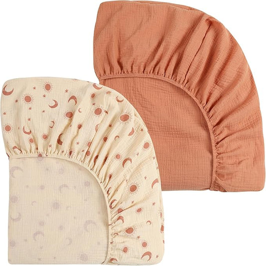 Onacosht Muslin Mini Crib Sheets, 39" x 27" Pack and Play Mattress Sheets Fitted for Pack N Play, Soft Cotton for Boys Girls, 2 Pack, Light Brown and Moon