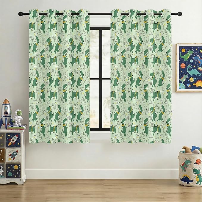Kids Space Dino Blackout Curtains - 100% Blackout, Thermal Insulated, Noise Reducing, Perfect for Kids Room and Nursery, 2 Panels (Cosmo Dino Green, W52×L63)