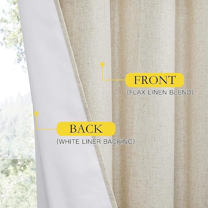 NICETOWN Natural Beige Linen 100% Blackout Dual Rod Pocket Curtains 120" Length 2 Panels with Thermal Insulated Liners, 52" Width, Farmhouse Style Extra Long Window Drapes for Patio Sliding Glass Door