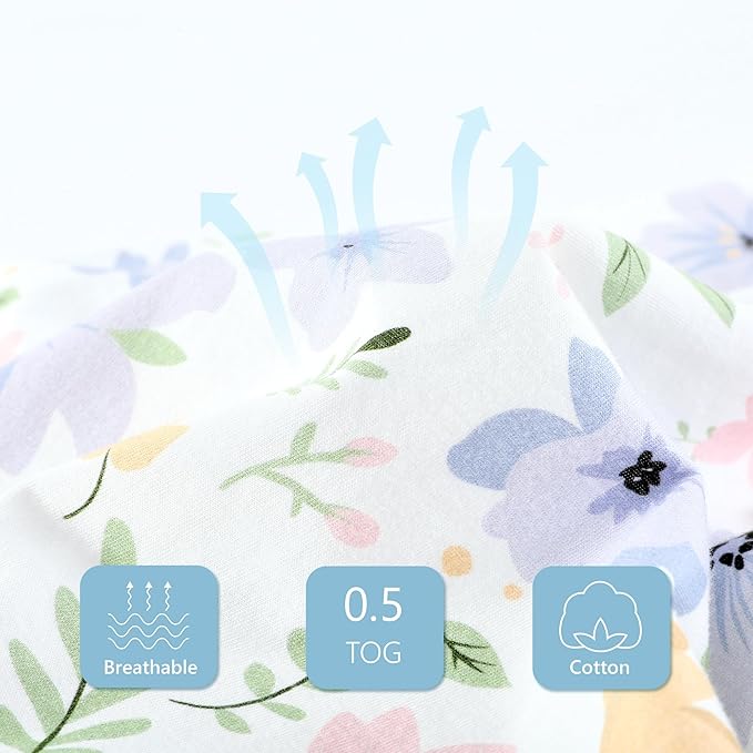 TILLYOU 2 Pack Infant Sleep Sack 0-6 Months 100% Cotton Wearable Blanket 0.5 TOG Sleeveless Summer Sleep Sacks with 2-Way Zipper, Brilliant Little Flowers and Purple