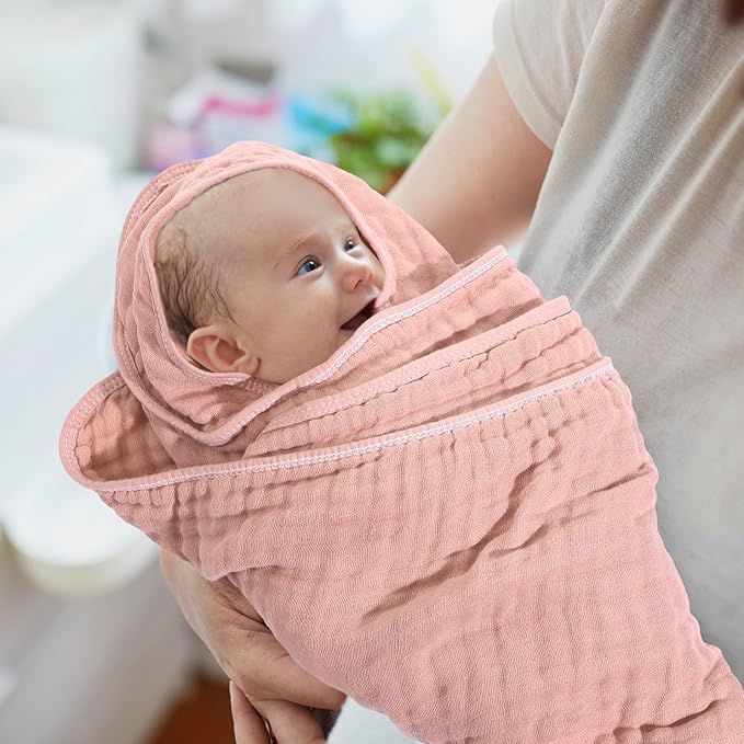 Peryiter 4 Pcs Muslin Hooded Baby Towels 32x32inch Cotton Newborn Bath Essentials Muslin Infant Blankets Absorbent Registry Baby Shower Present for Babies Girl Boy Kids (Pink Series)