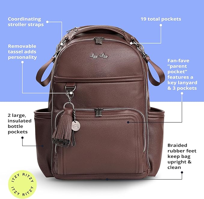 Itzy Ritzy Diaper Bag Backpack – Large Capacity Boss Plus Baby Backpack Diaper Bag Featuring 19 Pockets, Changing Pad, Stroller Clips, and Comfortable Straps (Espresso)