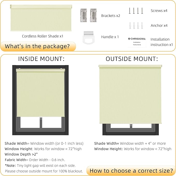 ChrisDowa Blackout Roller Shades for Windows, Striped Pattern Cordless Pull Down Door Blinds with Privacy, Thermal Insulated Window Shades for Living Room, Home and Office. Beige, 47" W x 72" H