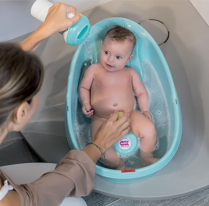 BEABA by OKBaby, Onda Baby Bath, Ergonomic Multi-Position tub for Infants and Babies up to 12 Months, Integrated Water Thermometer, Made in Italy, Pink