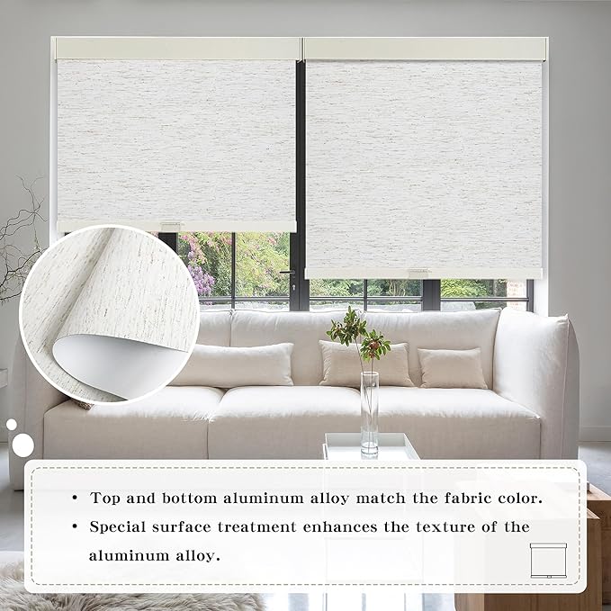 Cordless Blackout Roller Shades Blinds for Windows Free-Stop,Pull Down Room Darkening with Valance,Thermal Insulated Woven Fabric Window Door Blinds for Home,Office,Linen 19" W x 72" H
