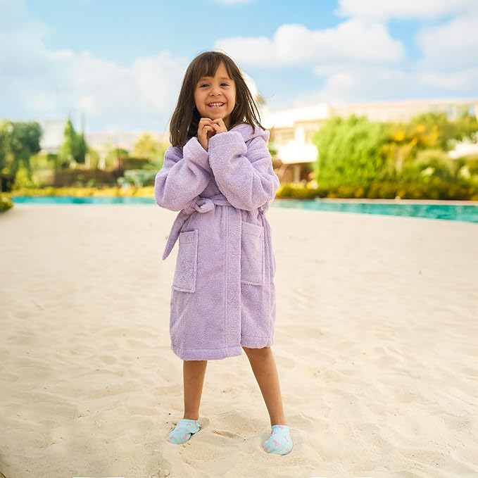 BAGNO MILANO Kids Organic Turkish Cotton Hooded Beach Cover-Up Towel, GOTS Certified, for Boys and Girls (Purple, 5-6 Years)