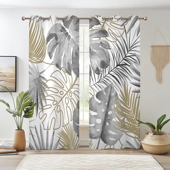 Renaiss Tropical Leaf Blackout Curtains, Gray Palm Monstera Leaf Thermal Insulated Bedroom Window Curtains, Botanical Plants Window Curtains for Kitchen, 45" L x 29" W 2 Panel Set