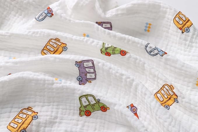 Onacosht Muslin Mini Crib Sheets, 39" x 27" Pack and Play Mattress Sheets Fitted for Pack N Play, Soft Cotton for Boys Girls, 2 Pack, Car and Solid Blue