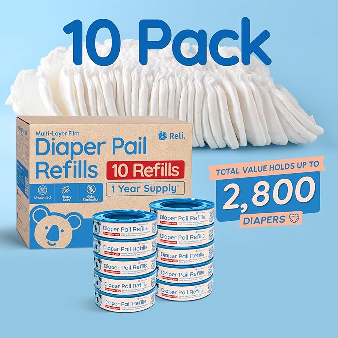 Reli. Diaper Pail Refill Bags, Compatible with Genie Complete, Expressions (10 Pack) Pail Refills Unscented | Odor Blocking, Strong, Easy Replacement | Holds up to 2,800 Newborn Diapers