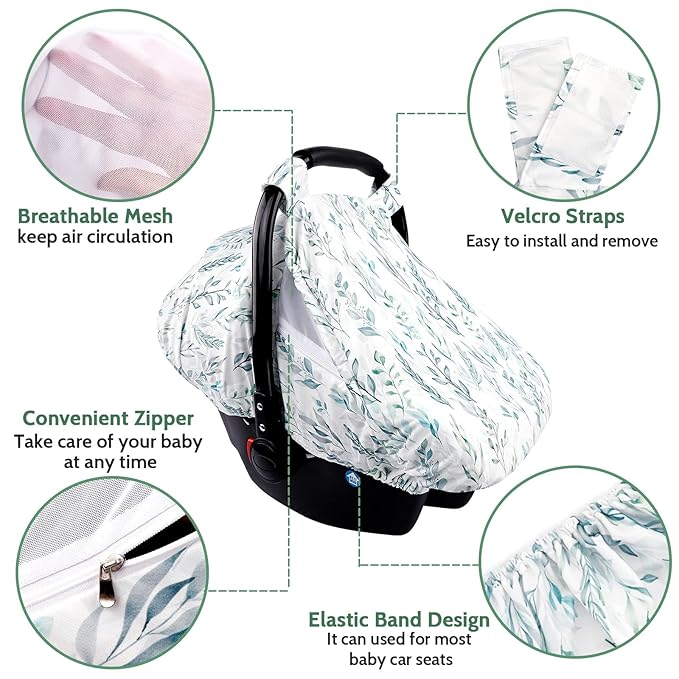 Car Seat Covers for Babies Girl Boy, Cozy Sun & Bug Cover, Infant Carseat Canopy Newborn Stroller Carrier Cover with Breathable Zipper Peep Window, Green Leaf