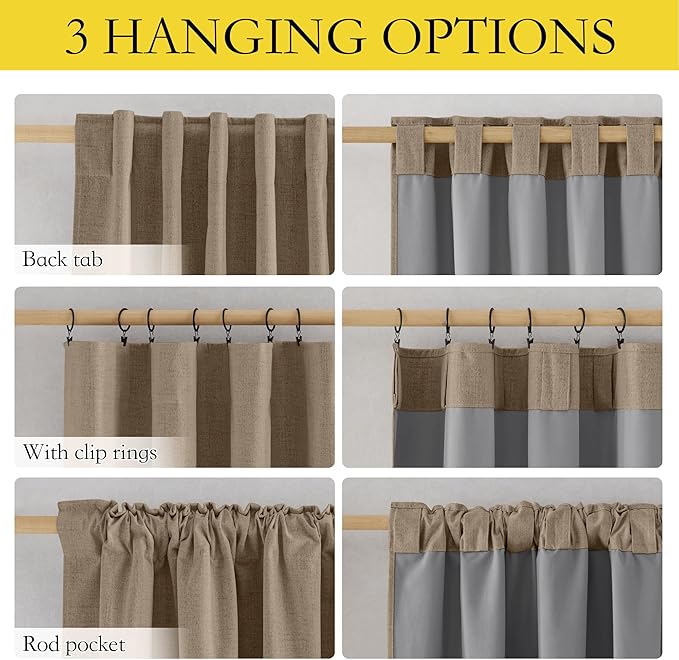 NICETOWN Bedroom 100% Blackout Linen Curtains, Thick Insulated Rod Pocket & Back Tab Full Light Blocking Draperies with Gray Liner for Night Shift Workers (Set of 2, 52 by 72-inch, Burlap)