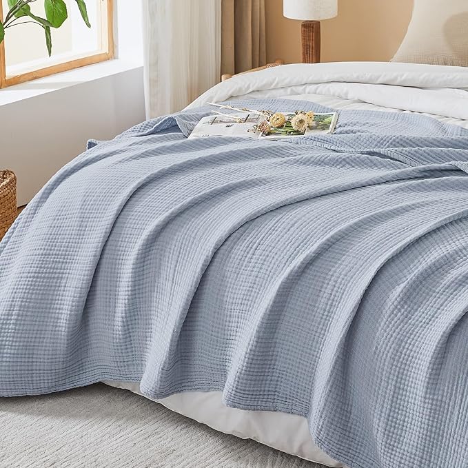EMME Cotton Muslin Queen Blanket Bed Layering Bedspread Coverlet Breathable Gauze Soft Lightweight Blankets (Heather Dusty Blue, 90"x90")