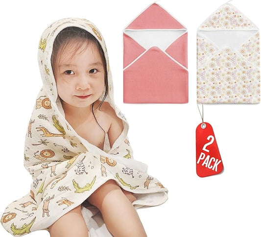 2-Pack Muslin Hooded Baby Towels, 100% Cotton, Towels for Babies, Infants, Toddles, Soft and Absorbent for Boy and Girl, Double Layered Baby Towel With Hood, Babies Muslin Towel Set (Pink Flowers)