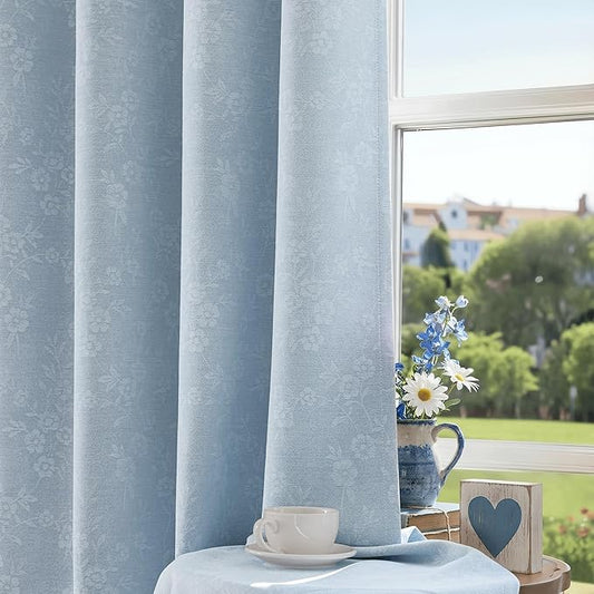 Beauoop Blue Floral Jacquard Blackout Curtains 63 Inches Long 2 Panels for Living Room Bedroom Chenille Flower Room Darkening Thermal Insulated Soundproof Grommet Window Drapes, 52x63 Set of 2