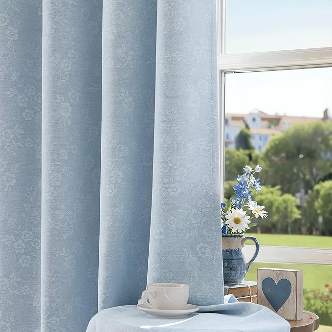 Beauoop Blue Floral Jacquard Blackout Curtains 96 Inches Long 2 Panels for Living Room Bedroom Chenille Flower Room Darkening Thermal Insulated Soundproof Grommet Window Drapes, 52x96 Set of 2