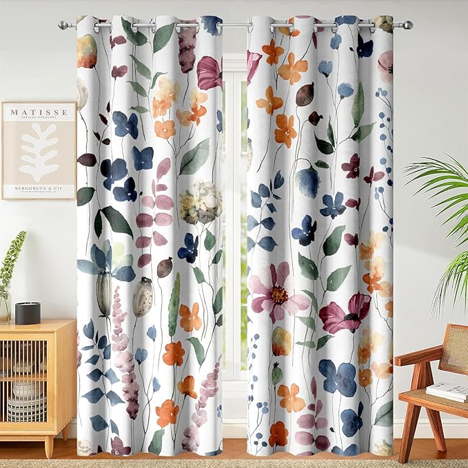 Boho Vintage Floral Blackout Curtains, Retro Watercolour Colorful Plant Leaf Flower Design Window Drapes, Living Room Bedroom Decor 2 Panels 52x84 Inch
