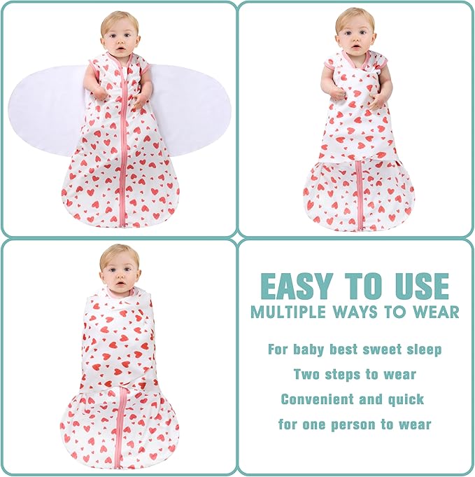BSTOPPT Newborn Sleep Sack Baby Swaddle,Swaddle me 6-12 Month,3-Way Adjustable Wearable Blanket,100% Rayon Cotton Swaddling Sleeping Bag，TOG 0.5 (Love, 6-12 Months)