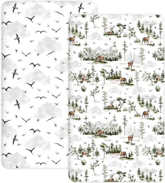 Crib Sheets for Boys and Girls, 2 Pack Fitted Baby Sheets for Standard Toddler Mattress 28" x 52", Soft Breathable Jersey Knit Baby Bedding (Nature Escape)