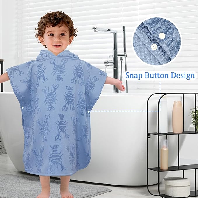 Toddler Bath Towels with Hood, Oversized (2-4Years,22"X22") Made from 100% Soft Cotton,Absorbent Hooded Poncho Towel for Baby Boy,Perfect for Pool | Swimming | Bath | Beach,Jacquard Blue Lobster