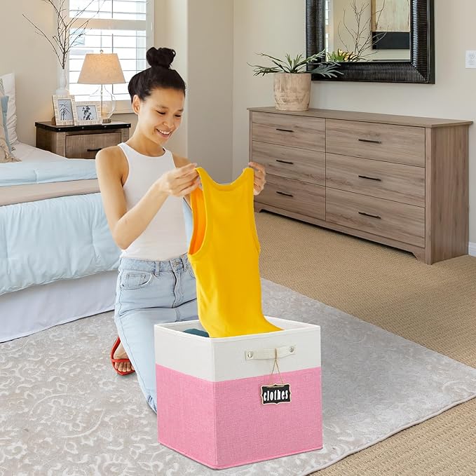 Storage Cubes,12 inch storage bins,Foldable Fabric Storage Cubes with Labels 4 Pack,Linen Cube Storage Organizer Bins Kallax Storage Cubes for Organizing Shelves Cabinet(White pink).