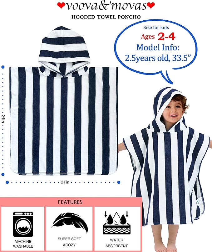 Toddler Poncho Towels with Hood, Oversized (2-4Years,22"X22") Made from 100% Soft Cotton,Absorbent Hooded Towels for Baby Boys,Perfect for Pool | Swimming | Bath | Beach,Navy Blue Stripe