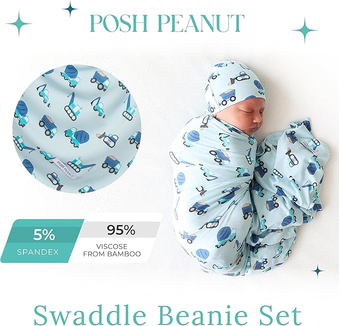 Posh Peanut Baby Swaddle Blanket & Beanie - Matching Newborn Swaddle Set, Doubles As Receiving Blanket or Nursing Cover (Construction Cars)