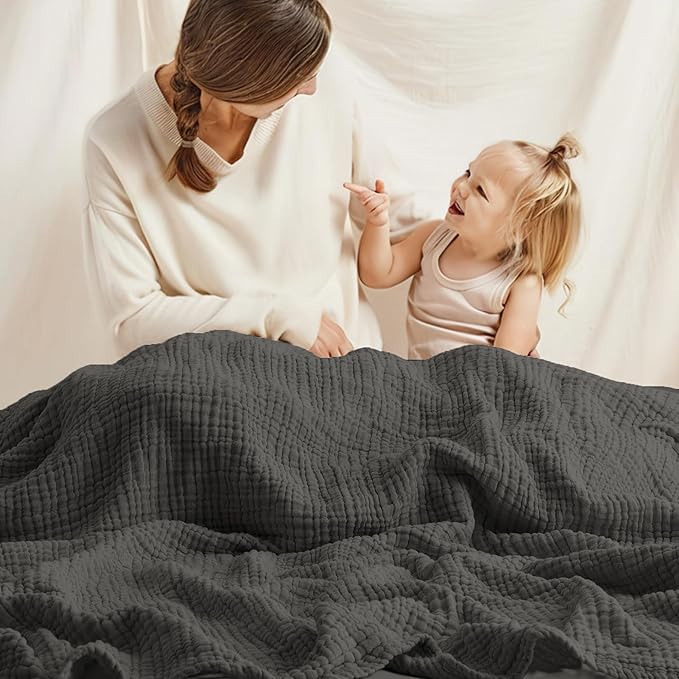 Carriediosa 100% Cotton Muslin Throw Blanket 50" X 70" Twin XL Size，4-Layers Summer Gauze Throws for Bed Couch，Soft Lightweight Breathable Linen Blankets Bedspread for Adults All Season，Dark Grey