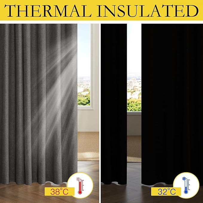 NICETOWN 100% Blackout Grizzle Gray Curtains 90 inches Long for Bedroom, Thermal Insulated Living Room Curtains with Gray Liner, 2 Panels, 52" W, Farmhouse Style Thick Linen Blend Window Draperies