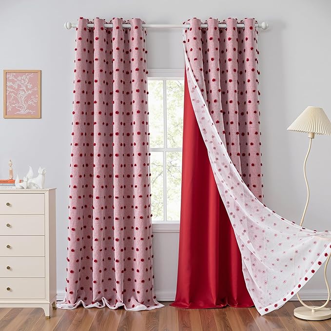 MYSKY HOME Red Christmas Blackout Curtains for Living Room 84 Inches Long with Pom Pom Sheer Nursery Curtains Girl Room Darkening Double Layer Window Drapes Grommet, 52 x 84 in, 2 Pieces
