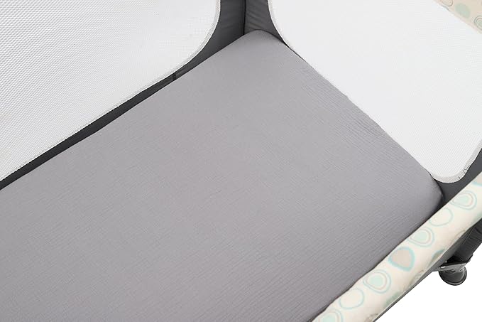 Onacosht Muslin Mini Crib Sheets, 39" x 27" Pack and Play Mattress Sheets Fitted for Pack N Play, Soft Cotton for Boys Girls, 2 Pack, Grey and Green