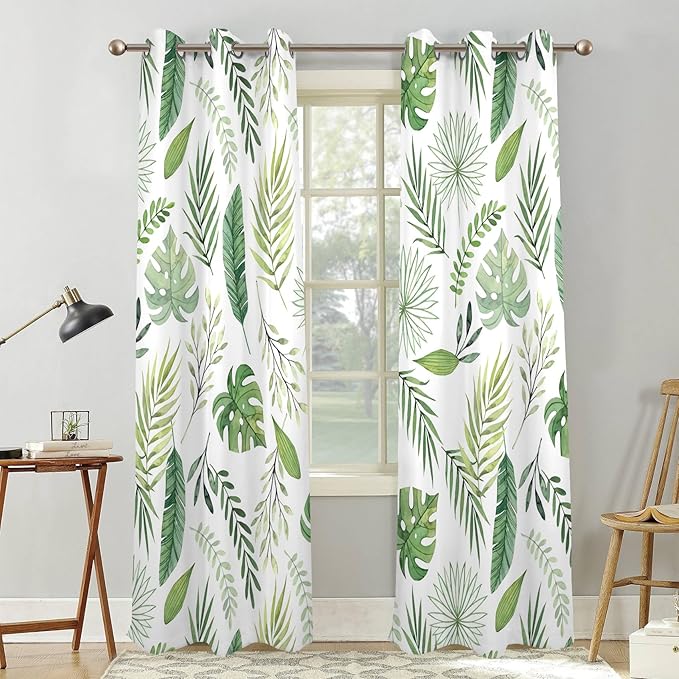 Renaiss Green Leaf Blackout Curtains, Tropical Safari Plants Patterned Thermal Insulated Bedroom Window Curtains, Eucalyptus Botanical Window Drapes for Living Room, 96" L x 53" W 2 Panel Set