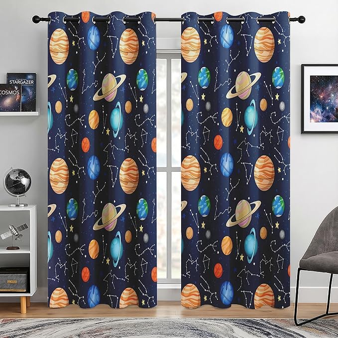 Kids Space Constellation Planets Blackout Curtains - 100% Blackout, Thermal Insulated, Noise Reducing, Perfect for Kids Room and Nursery, 2 Panels (Constellation Planets, W52×L84)