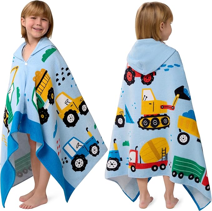Joiedomi Hooded Towels for Kids Engineering Vehicle Print Soft 100% Cotton Kids Beach Towel 30" x 50" for 3-10 Years Boys Girls Beach Hooded Poncho Absorbent Pool Toddler Swim Bath Wrap